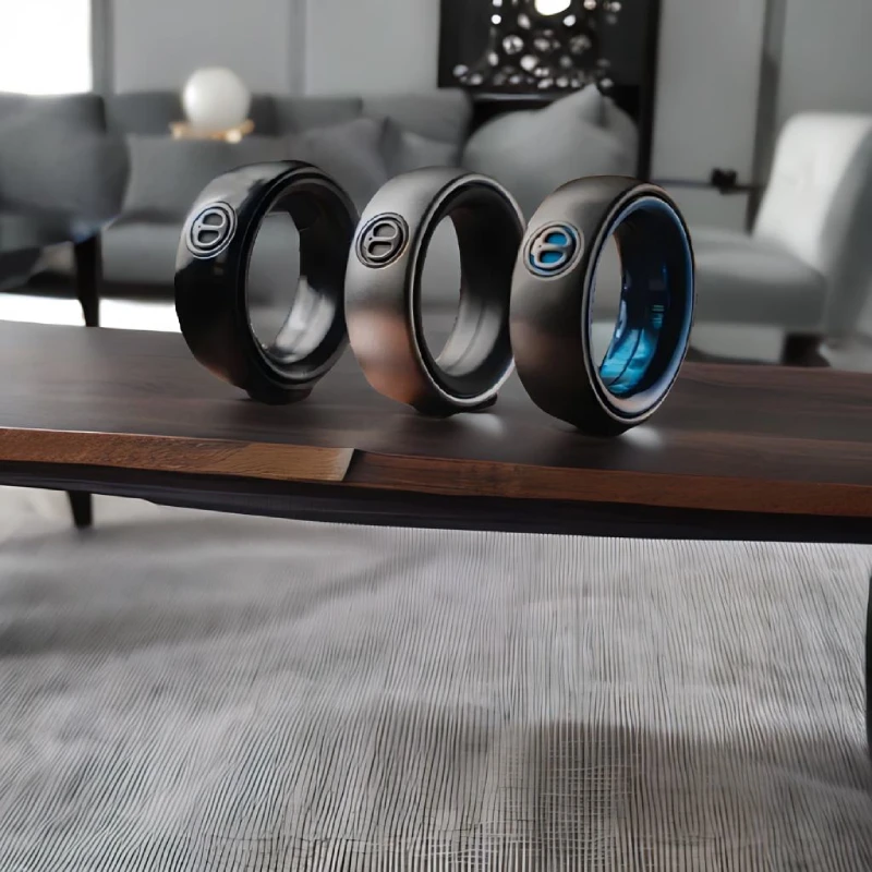 Spy Wars Fidget Ring Mechanic-I Series by StressCrate – aluminum, titanium blue, and zircon displayed on table