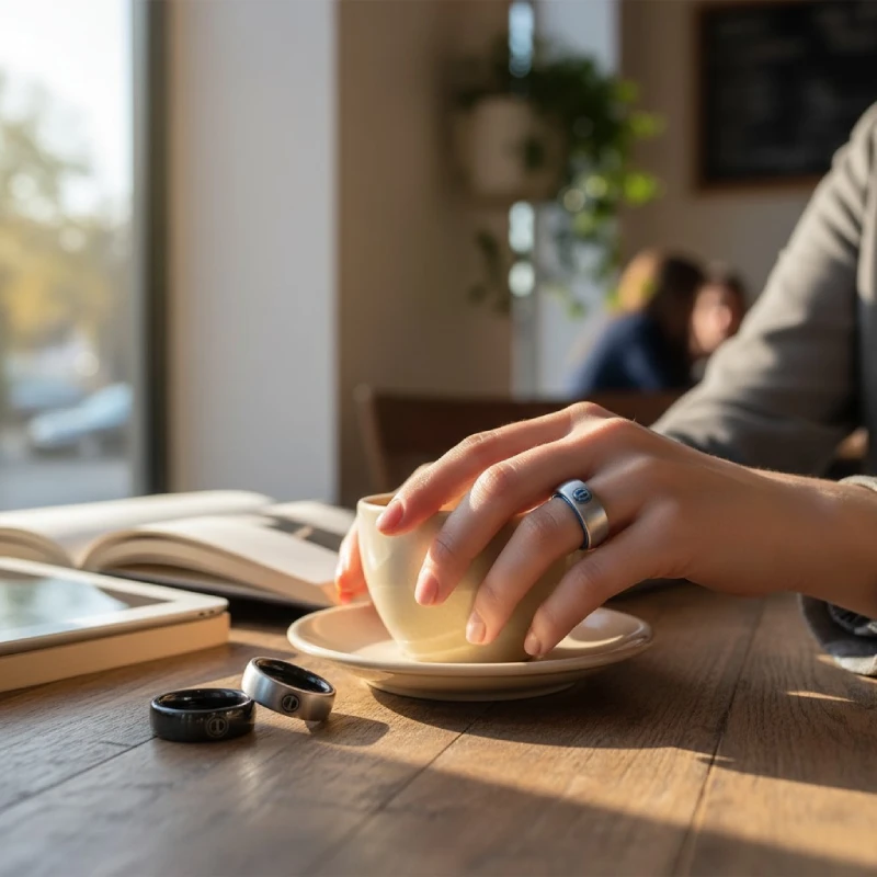 Spy Wars Fidget Ring Mechanic-I – Morning Focus Spy Wars Fidget Ring Mechanic-I by StressCrate – titanium blue edition worn during a calm coffee moment