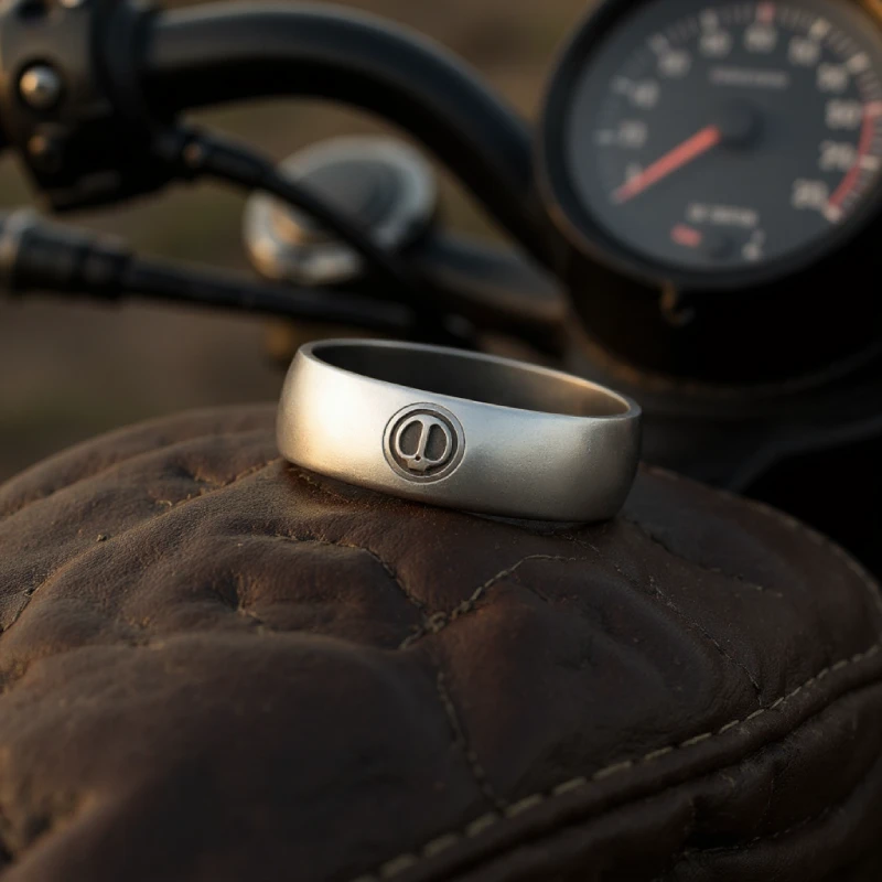 Spy Wars Fidget Ring Mechanic-I – Road Edition Spy Wars Fidget Ring Mechanic-I by StressCrate – silver edition displayed on motorcycle leather seat