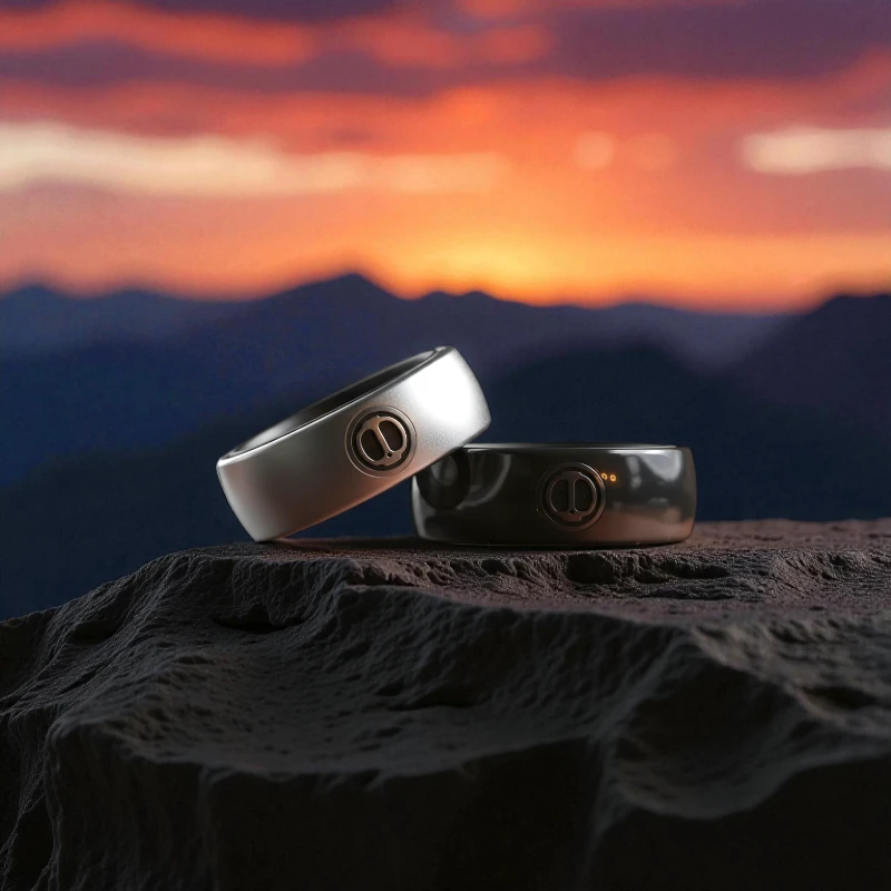 Spy Wars Fidget Ring Mechanic-I – Mountain Duo Display Spy Wars Fidget Ring Mechanic-I by StressCrate – silver and black editions on mountain rock during sunset