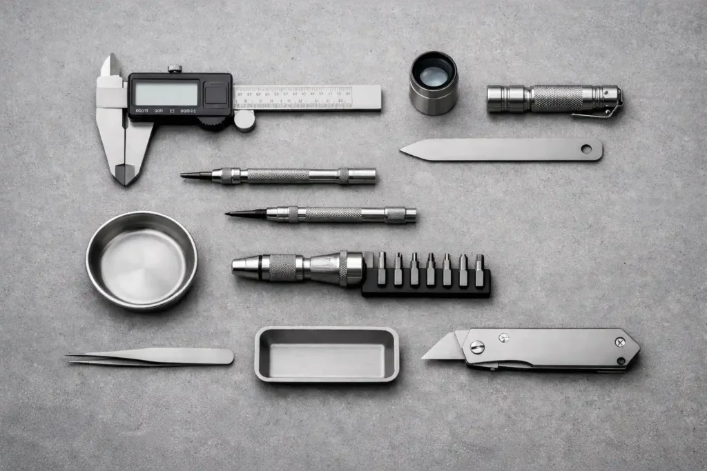 Precision metal tactile tools arranged as a considered gift collection for focus and calm by StressCrate