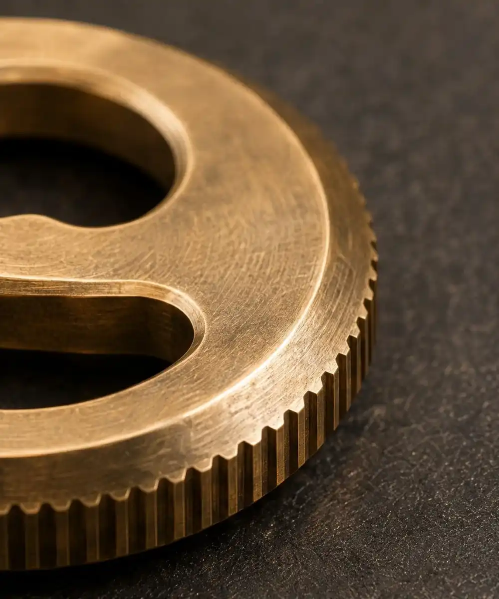 Close-up of a brass EDC fidget tool showing warm metal tone, fine surface wear, and machined edge detail.