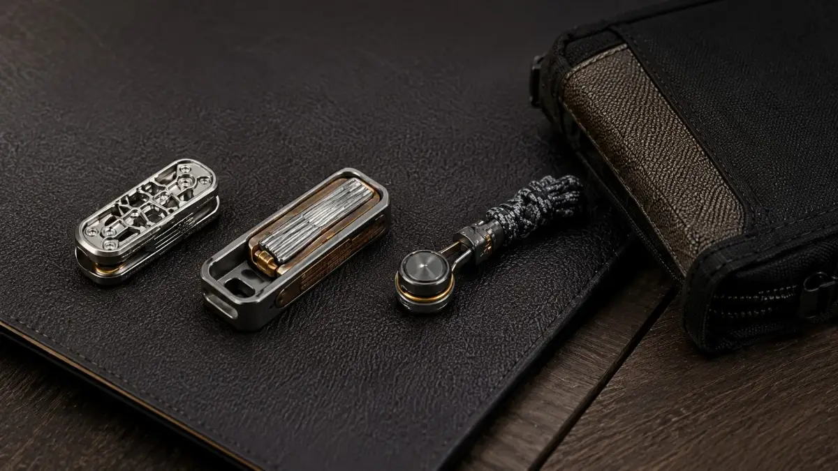 Compact EDC fidget tools with a small slider, bead, and pouch on a dark carry surface.