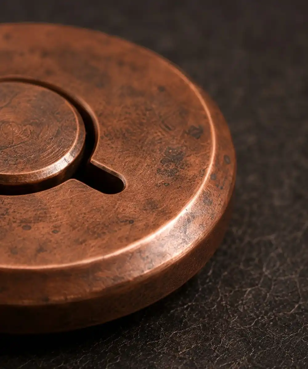 Close-up of a copper EDC fidget tool showing warm color, visible aging, and natural patina texture.