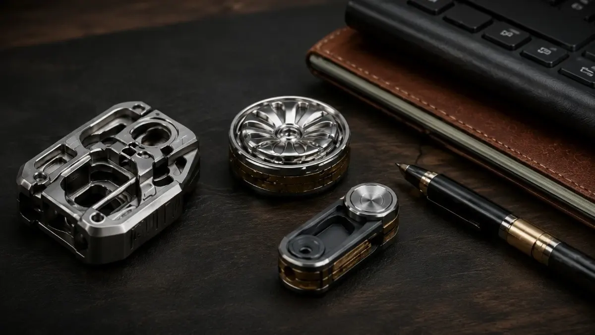 Metal EDC fidget tools on a dark desk with a pen, keyboard, and leather notebook.