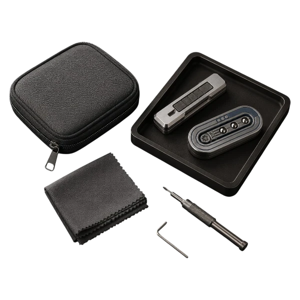 EDC fidget accessories including a pouch, display tray, cloth, maintenance tool, and fidget tools.