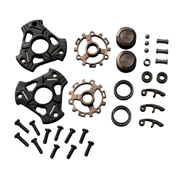 EDC fidget components including screws, rings, bearings, plates, and tuning parts.