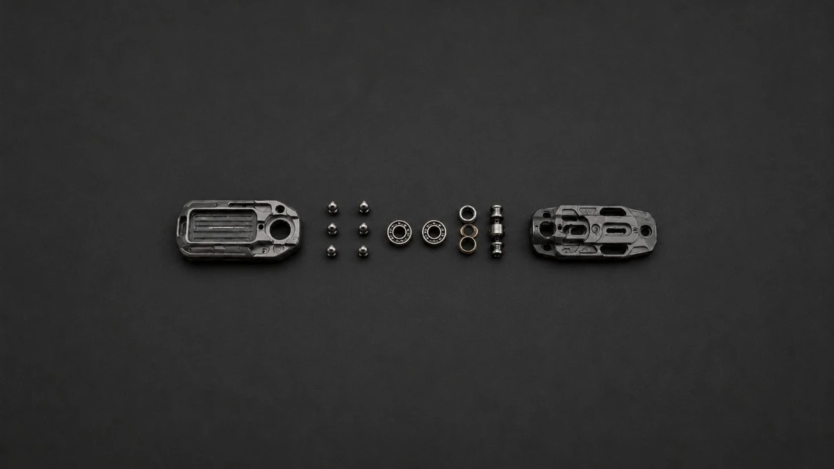 Disassembled EDC fidget tool parts with screws, bearings, rings, and machined metal housings.