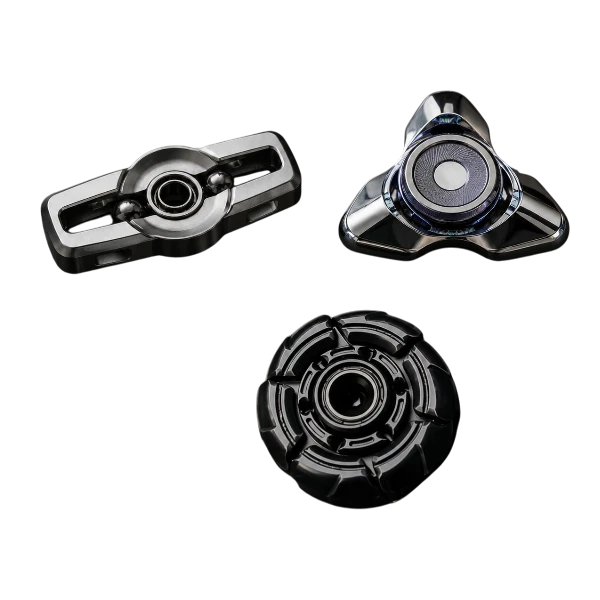 Three metal EDC fidget spinners showing different rotational control styles.