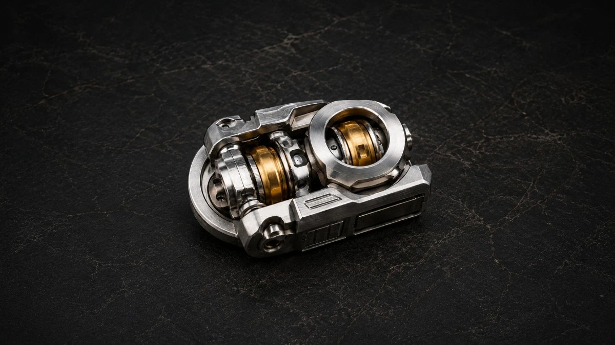 Close-up of a machined metal EDC fidget tool with exposed brass and steel mechanical components.