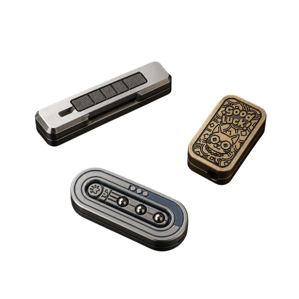 Three metal EDC fidget sliders showing linear motion and mechanical feedback.