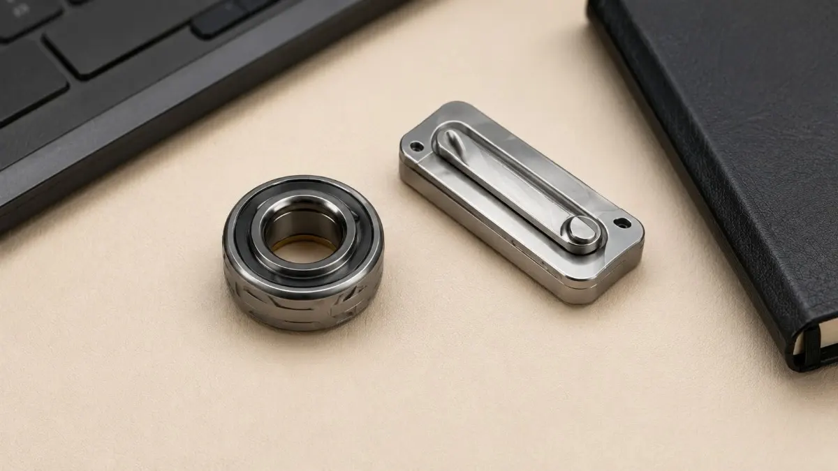 Quiet metal EDC fidget ring and slider on a work desk with a keyboard and notebook.