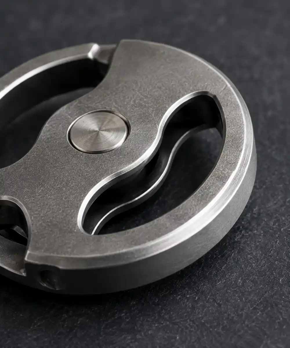 Close-up of a titanium EDC fidget tool showing a light technical metal finish and smooth machined contours.