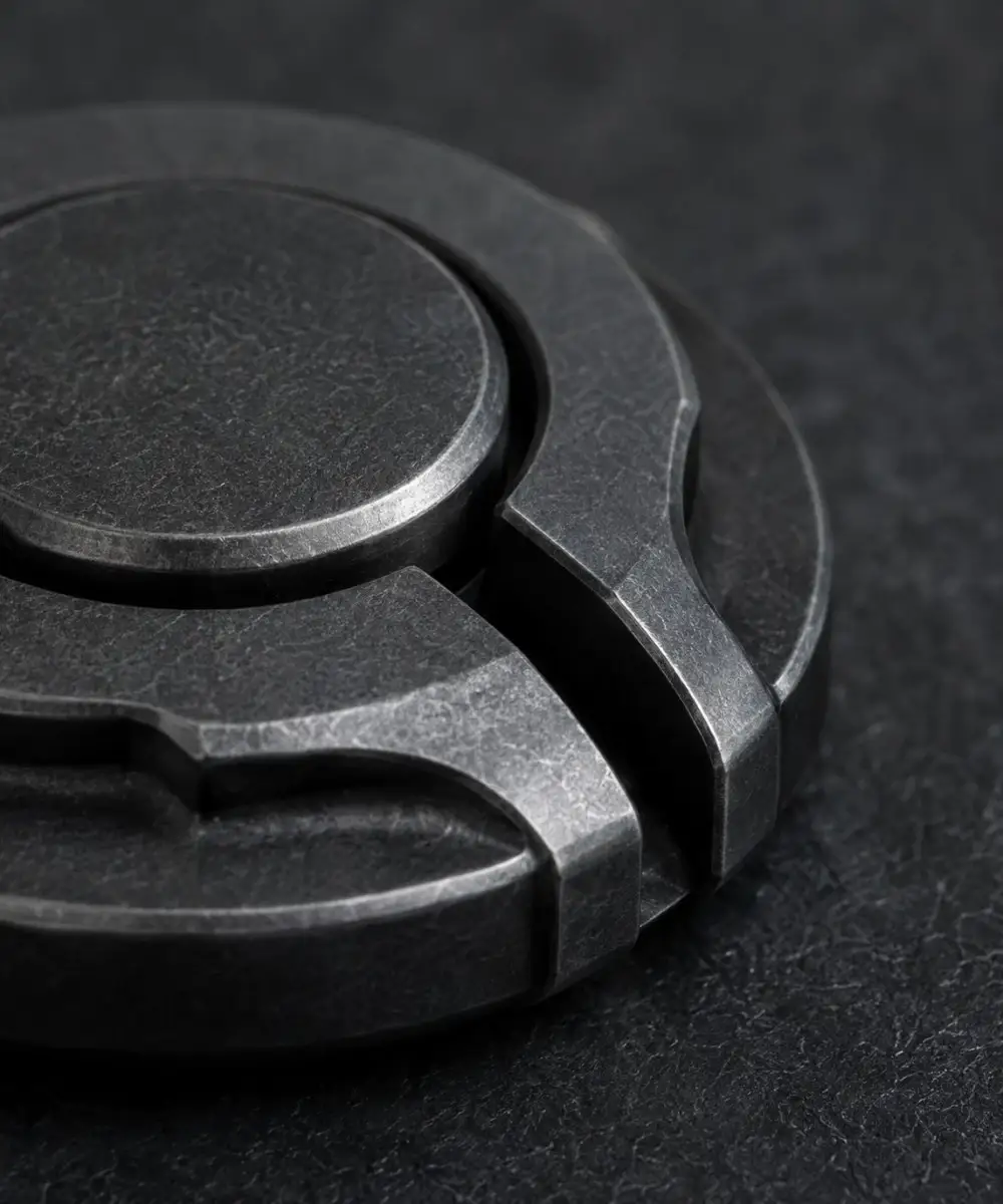 Close-up of a dark zirconium EDC fidget tool showing dense metal texture and distinctive machined edges.